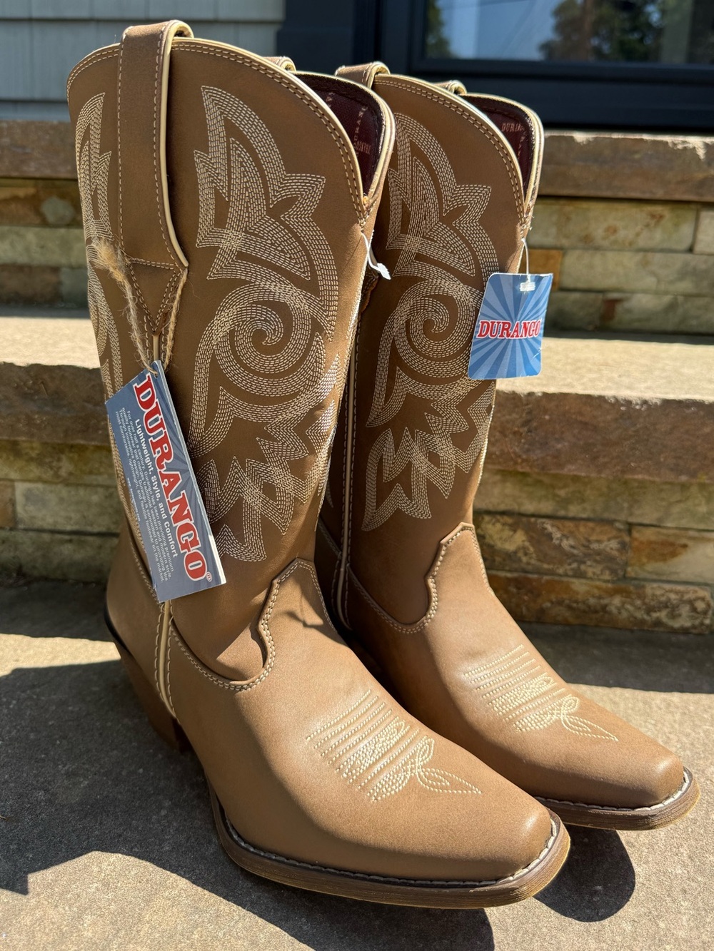 Durango Tan Western Cowboy Boots with White Embroidery